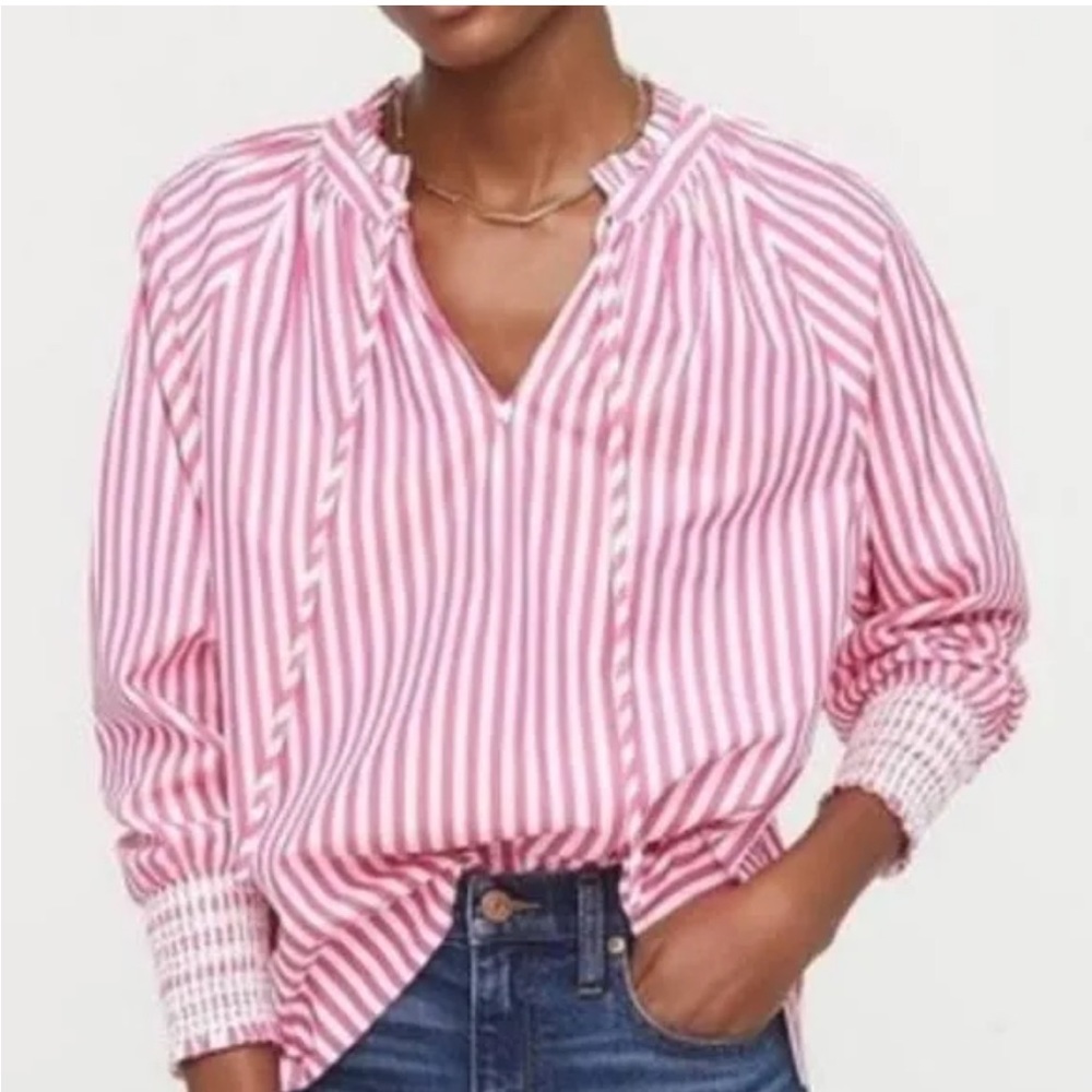 J.Crew Smocked-cuff popover top in stripe size M